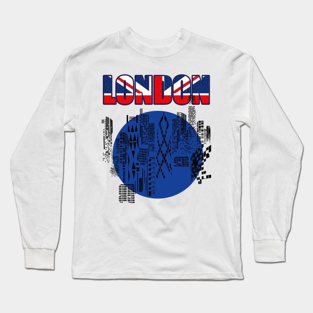 London, London Skyline Design with Sleek Outline and Flag Title Long Sleeve T-Shirt by Lighttera